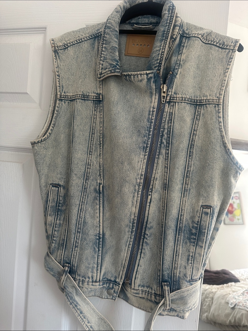 Blank NYC Acid Wash Denim Moto Vest in Light Blue